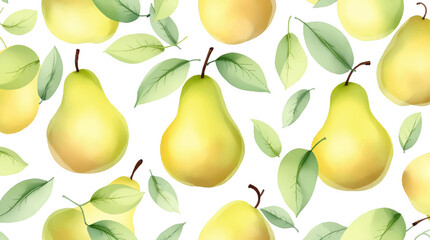 Watercolor green pears and leaves seamless pattern on a white background.
