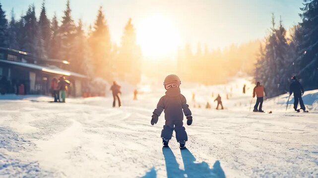 Child enjoying winter fun while skiing on snowy slopes at sunset with mountains and pine trees in the background