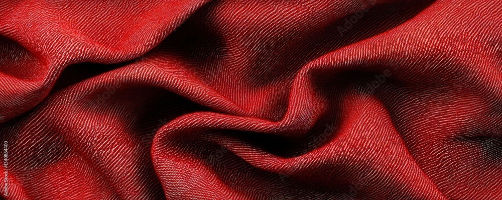 Poster a close-up view of crumpled red fabric showcasing intricate textures and patterns, emphasizing its r