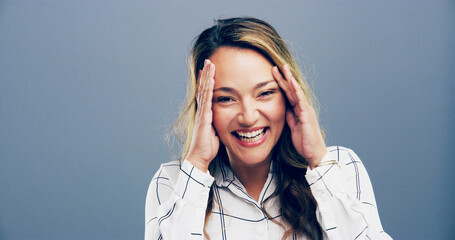Laughing, smile and portrait of woman in studio for comic, funny and silly with mockup space....
