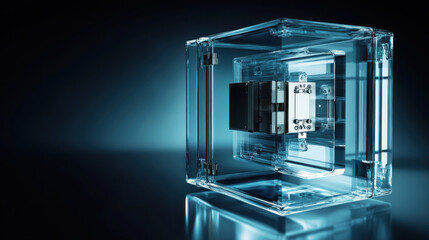 Glass transparent safe revealing intricate internal mechanisms and design, showcasing security and technology in a modern setting