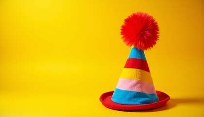 Colorful clown hat with red pom-pom on yellow background, festive party accessory