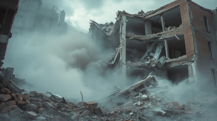 Fototapeta premium A high-resolution, dramatic image of a partially collapsed building, with exposed interior walls and debris scattered around.