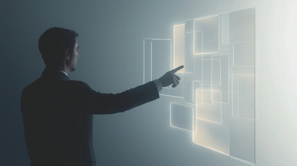 A futuristic concept image of a business professional in a suit, pointing at a transparent virtual interface