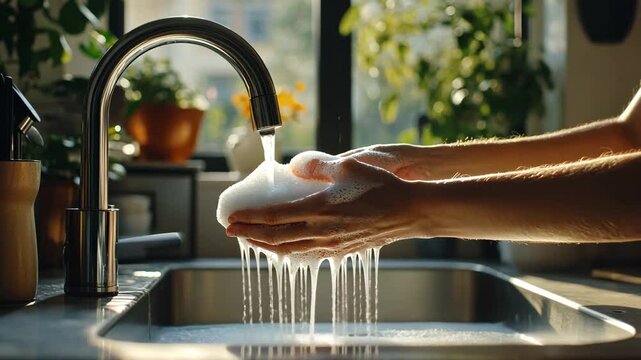 A close-up of hands gently cupping soapy water under a running faucet in a bright, sunlit kitchen. The sunlight streaming through the window highlights the sparkling bubbles and flowing water