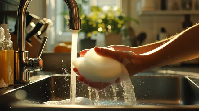 A close-up of hands gently cupping soapy water under a running faucet in a bright, sunlit kitchen. The sunlight streaming through the window highlights the sparkling bubbles and flowing water