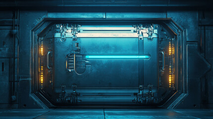 High-tech vault corridor illuminated by glowing neon lights in a futuristic environment