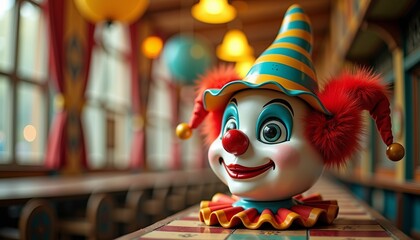 Vintage clown figurine with striped hat in nostalgic carnival setting