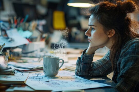 A creative professional deep in thought at a cluttered desk. Sketches, scattered notes, and a steaming mug of coffee