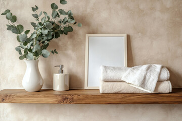 Minimalist Scandinavian Bathroom with White Picture Frame Mockup and Floating Wooden Shelf