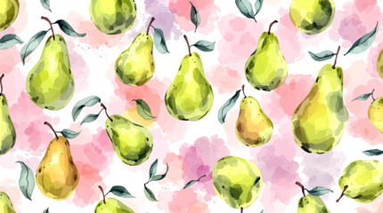 Watercolor green pears and leaves seamless pattern on a white background.