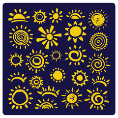 Cute doodle sun collection. Cartoon design elements With charcoal or pencil drawn illustration