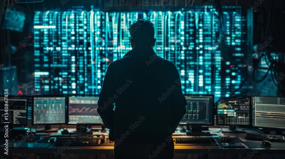 Poster cybersecurity expert analyzing potential data breach from multiple monitors in a high-tech operation