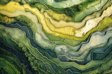 Obraz premium Aerial View of Rice Terraces with Water and Greenery Landscape