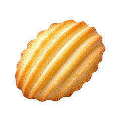A golden-brown madeleine cake with a ridged surface, showcasing its classic shell shape and soft texture, Transparent Background.