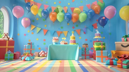 A cheerful birthday celebration with rainbow-colored balloons, streamers, and a gift table filled with presents.