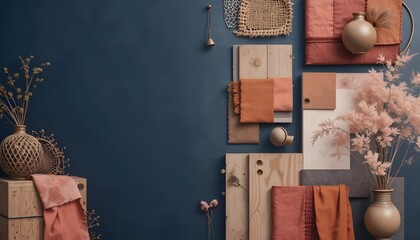 Different colored objects organized on a blue surface, creating a visually appealing arrangement of various shapes and tones.