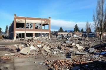 Aftermath of a Disaster A Destroyed Brick Building Amidst Rubble