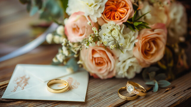 Wedding rings on an invitation beside a bouquet of roses.