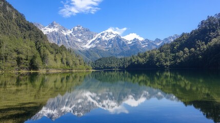 Fototapeta premium a crystal-clear mountain lake reflecting snow-capped peaks under a bright blue sky, surrounded by lush pine forests. 
