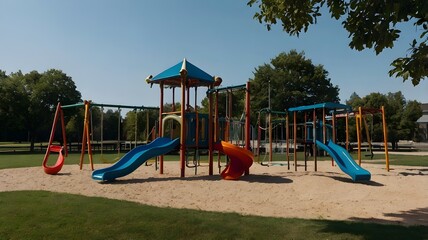 Fototapeta premium A playground with a blue slide and a red slide