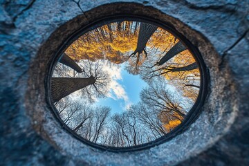 Unique view through tree bark showcasing a quiet lake reflecting autumn foliage and dramatic clouds at sunset