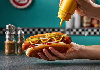 Classic American hot dog topped with mustard and served in a retro diner setting with vibrant background elements.