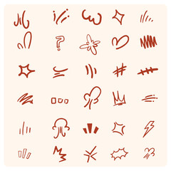 Anime manga doodle grunge line elements curved charcoal, chalk arrows, speech bubble, abstract shapes, graphic effects for character emotion.