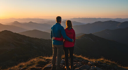 Couple in their 50s on top of a mountatin range