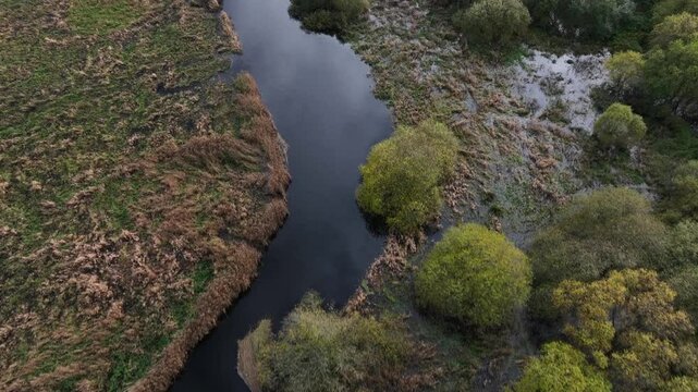Fane River, County Armagh, Northern Ireland, November 2022. Drone follows the meandering waterway at an angle, capturing cloud reflections in flooded wetlands below rounded trees and shrubs.