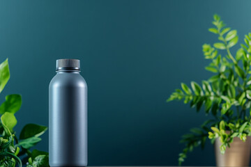 Grey bottle stands elegantly, surrounded by lush greenery evoking freshness
