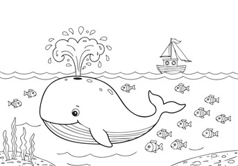 Obraz premium Dolphin and Ship: Ocean Adventure Coloring Page