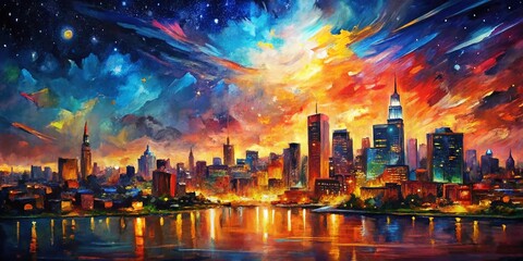 Obraz premium Vibrant Night Cityscape Oil Painting, Colorful Urban Night Background