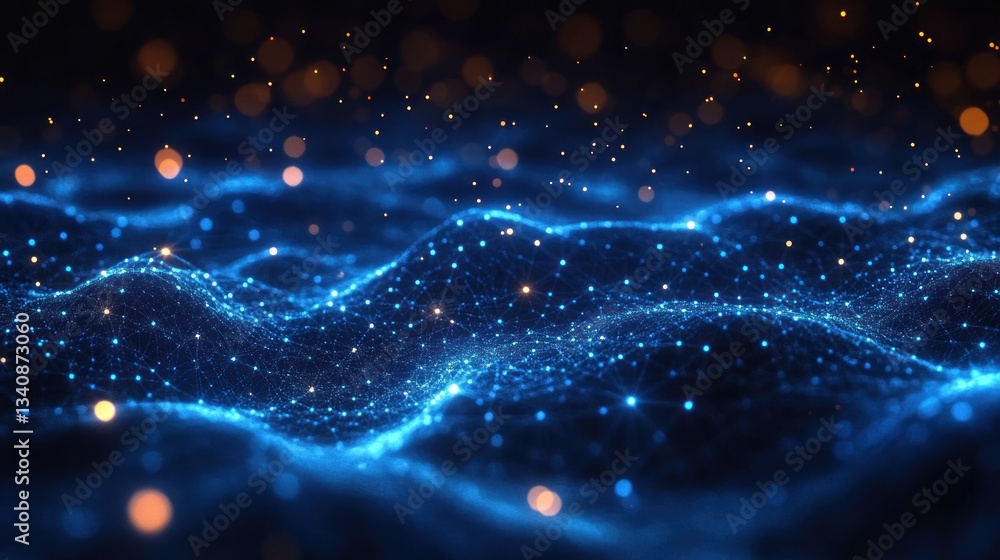 Poster cybersecurity technology and digital data protection in futuristic digital landscape with glowing no