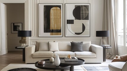 A chic and modern living room with framed prints of abstract art arranged above a stylish sofa.