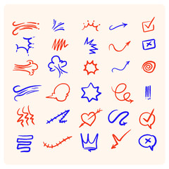 A collection of colorful hand drawn charcoal doodles. Pencil drawings arranged in squiggly shapes and forms.