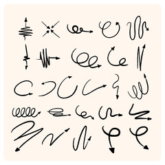 Simple lines made with black arrows hand drawn in various styles With charcoal or pencil drawn illustration
