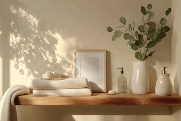 Minimalist Scandinavian Bathroom with White Picture Frame Mockup and Floating Wooden Shelf