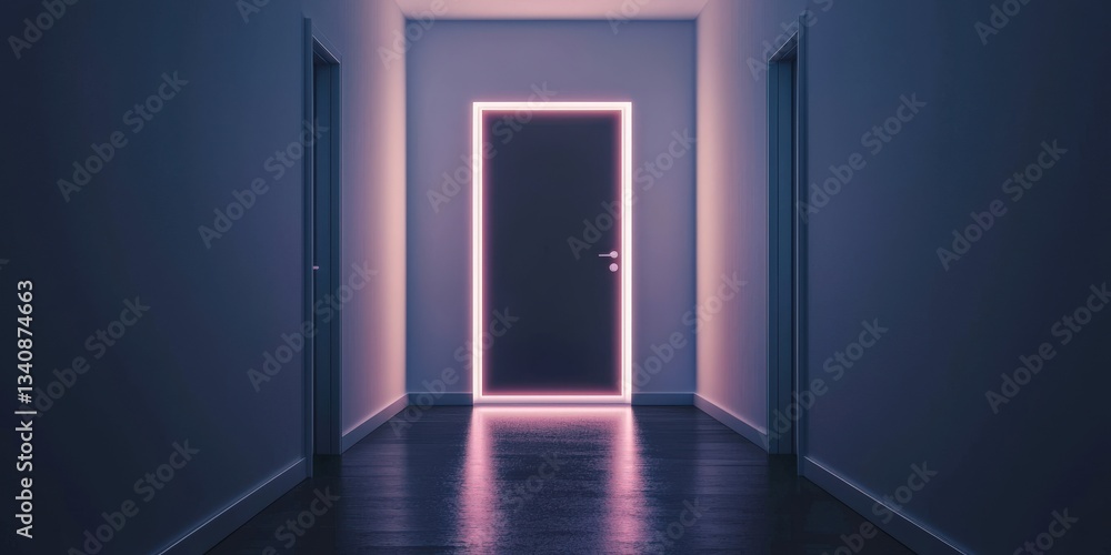 Poster create opportunities networking goal-setting concept. mysterious hallway leading to a brightly lit d