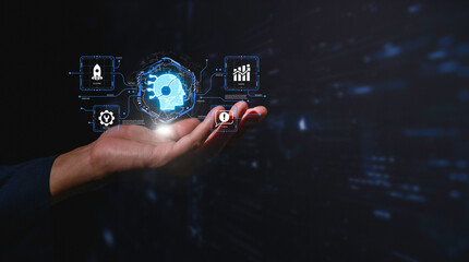 DevOps concept, software development, IT operations, agile programming, Concept with dev ops icon on computer screen and project manager, coder or sysadmin typing on keyboard, high software quality.