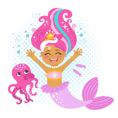 Cute cartoon mermaid character. Under the sea card. Simple and cute illustration isolated on a white background. Vector illustration. For cards, print, design, stickers, fabric and invitation