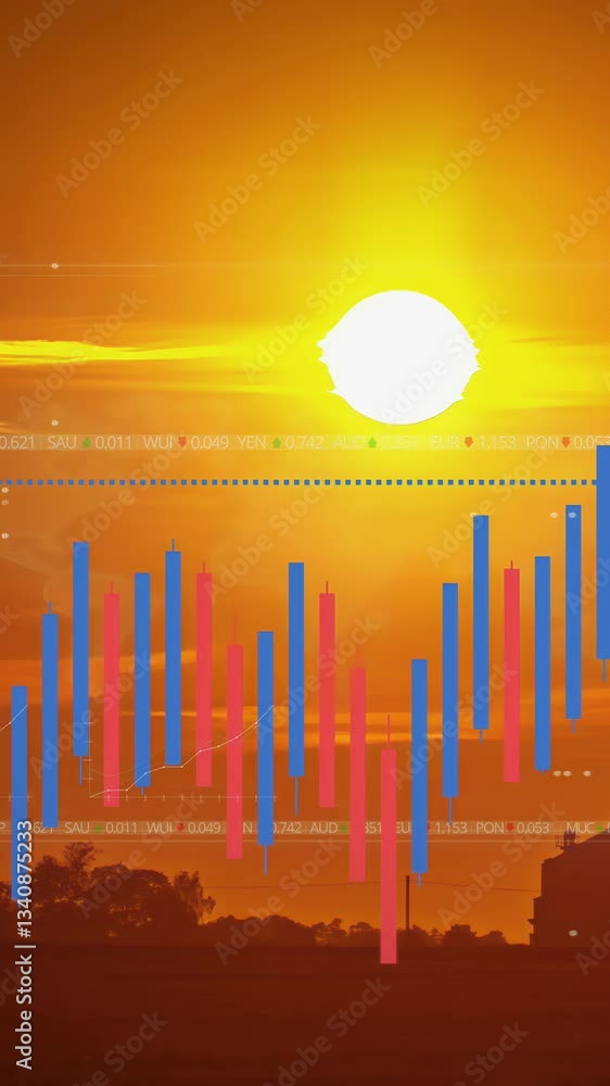 Poster vertical - dynamic foreign exchange graph with golden sun setting in background. timelapse