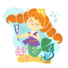 Cute cartoon mermaid character. Under the sea card. Simple and cute illustration isolated on a white background. Vector illustration. For cards, print, design, stickers, fabric and invitation