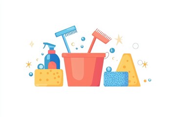 Fototapeta premium Pastel Cleaning Supplies in Red Bucket on White Background