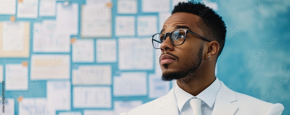 Poster create opportunities networking goal-setting concept. professional man in glasses looking thoughtful