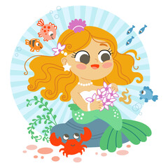 Cute cartoon mermaid character. Under the sea card. Simple and cute illustration isolated on a white background. Vector illustration. For cards, print, design, stickers, fabric and invitation
