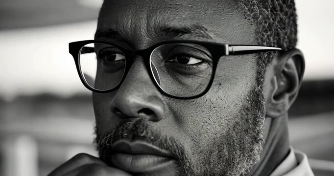 Close-up black and white video portrait of a man with glasses and a beard, pensively touching his chin. Neutral background. Thoughtful expression