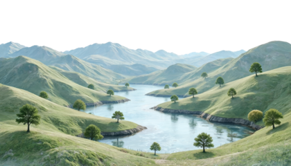 Green hills with trees and a river flowing through them