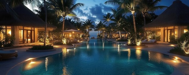luxurious tropical resort at night serene swimming pool palm trees thatched-roof villas cinematic lighting elegant