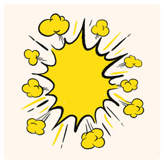 Cartoon explosion effect. Vector comic bomb explosion. Energy scribble hit, speed crash with sparks on yellow background.